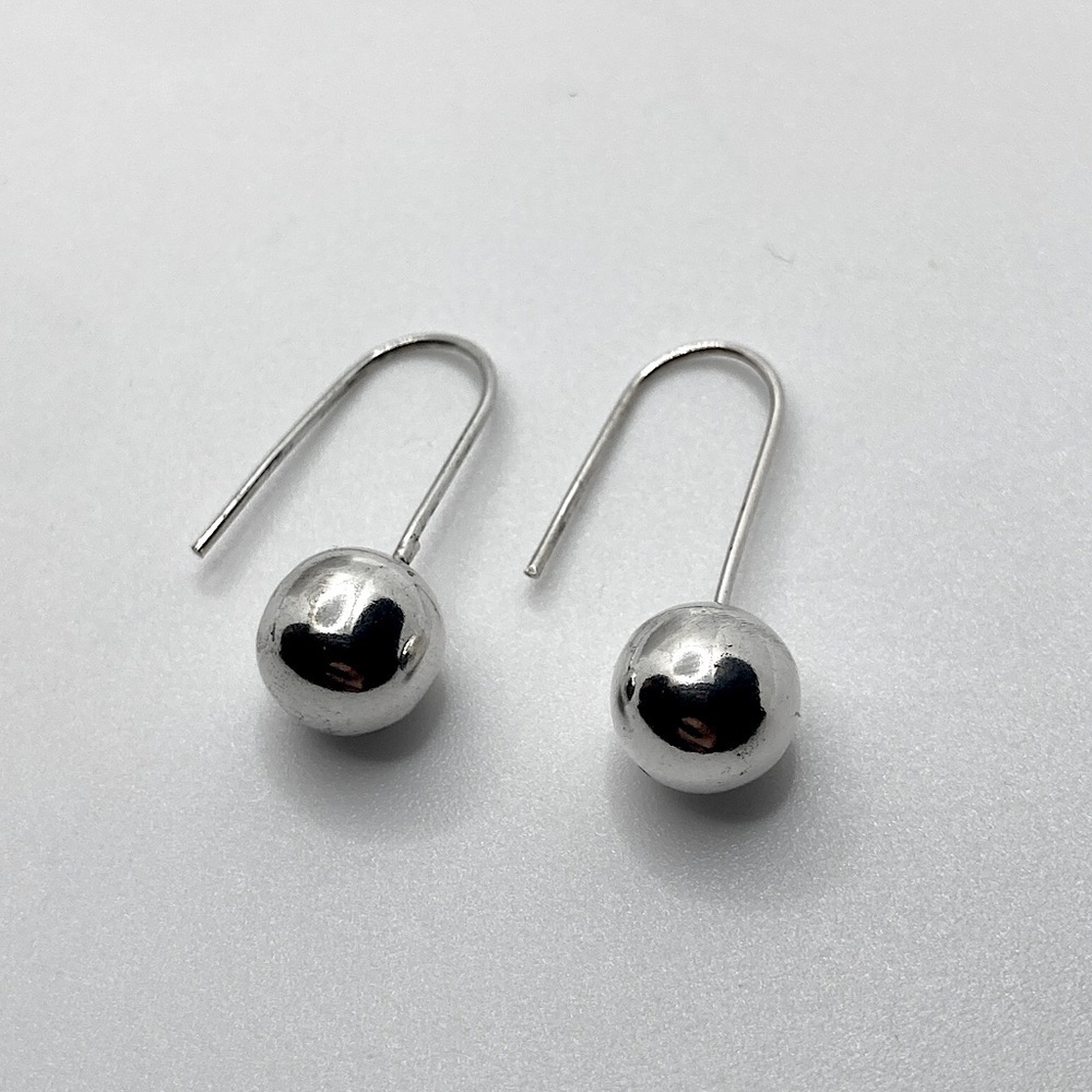 Vtg Sterling Silver Round Ball Tipped Hook Earrings / 1.3”